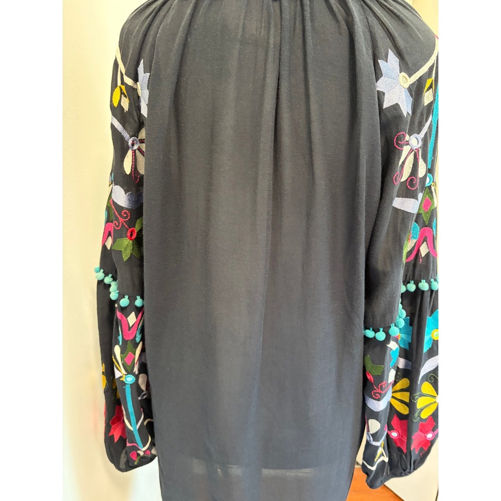 Figue Embroidered Peasant Blouse Womens OS Boho Pom Pom Balloon Sleeve Black